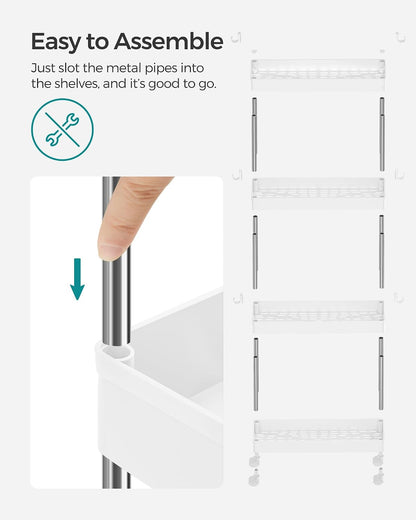SONGMICS Slim Storage Cart, 4-Tier Rolling Cart, Narrow Utility Cart on Wheels, 6 Hooks, 360° Swivel Wheels, Lockable, Steel Frame, Bathroom, Kitchen, Office, Cloud White UKSC08WT