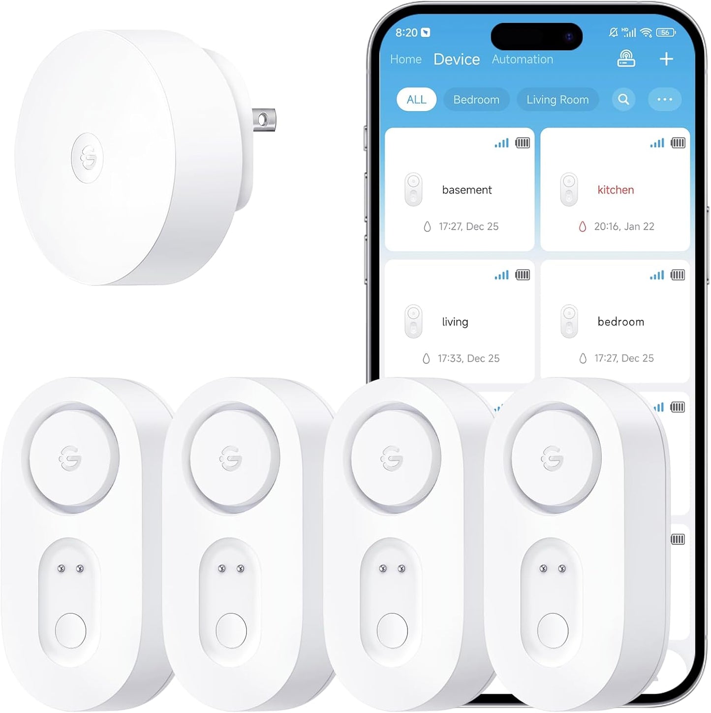 GoveeLife Upgraded Smart Water Leak Detector 1s with 1804 ft Ultra-Long Range, WiFi Water Sensor with SMS/Email/APP Push and Sound Alarm,5-Year Battery Life, 5 Pack, Suit for Home, Basement, Kitchen