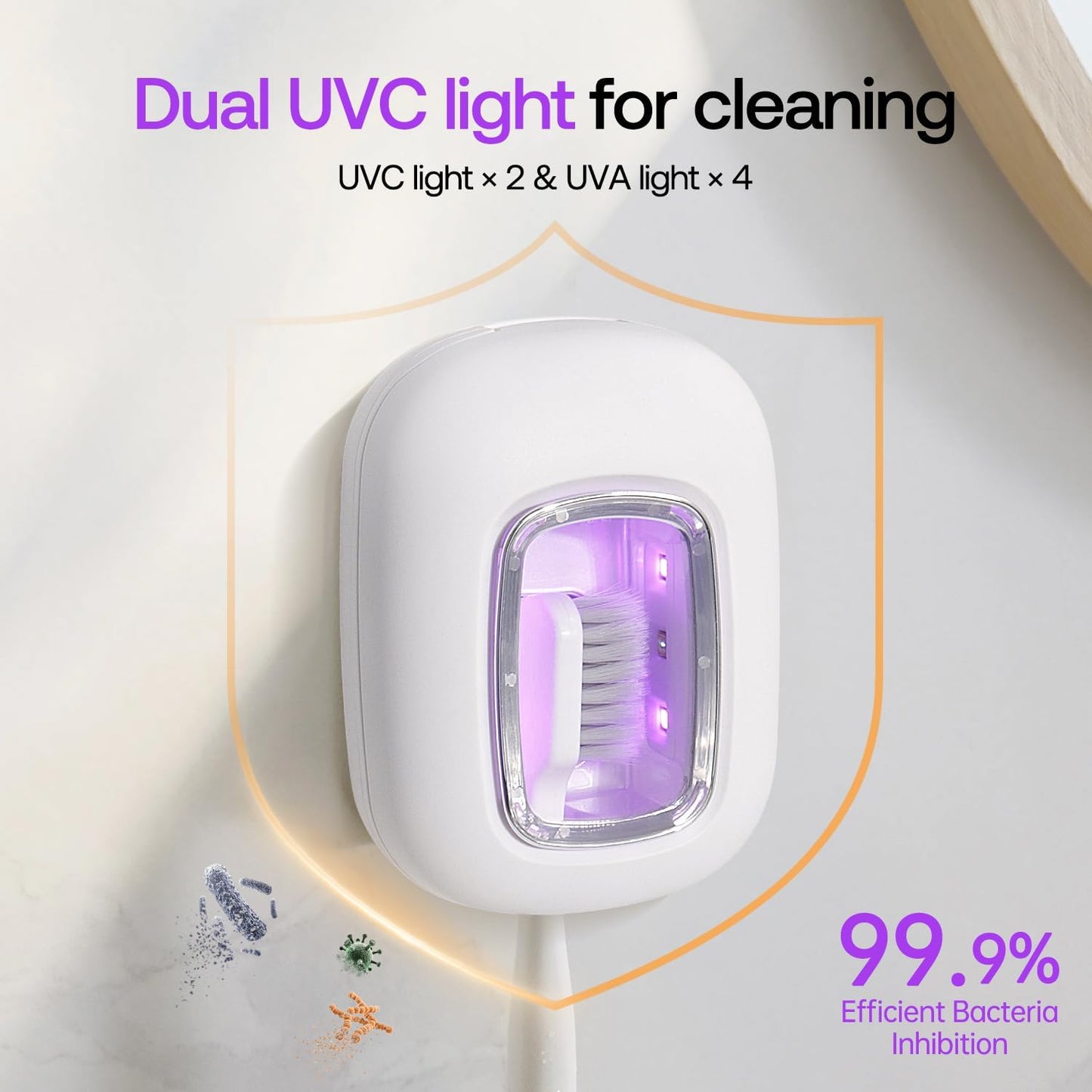 UV-C Toothbrush Sanitizer Case, Dual Light Cleaner Cover with Clear Window, USB-C Rechargeable Travel Holder for Electric and Manual Brushes, White