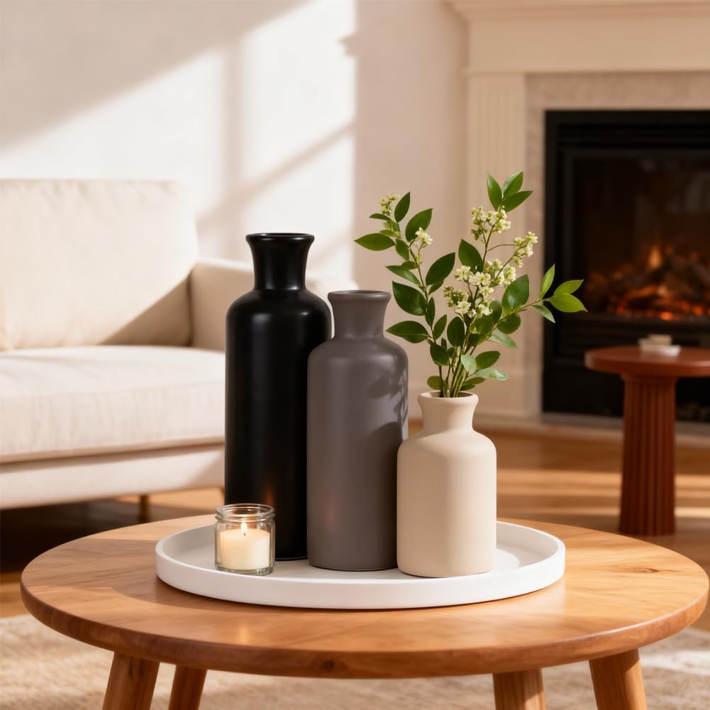Ceramic Vase Set of 3 – Small Flower Vases, Modern Farmhouse Boho Flower Vases for Home Decor, Rustic Pottery Vases for Centerpieces, Living Room, Shelf, Fireplace, Entryway Decor, Table or Cabinet