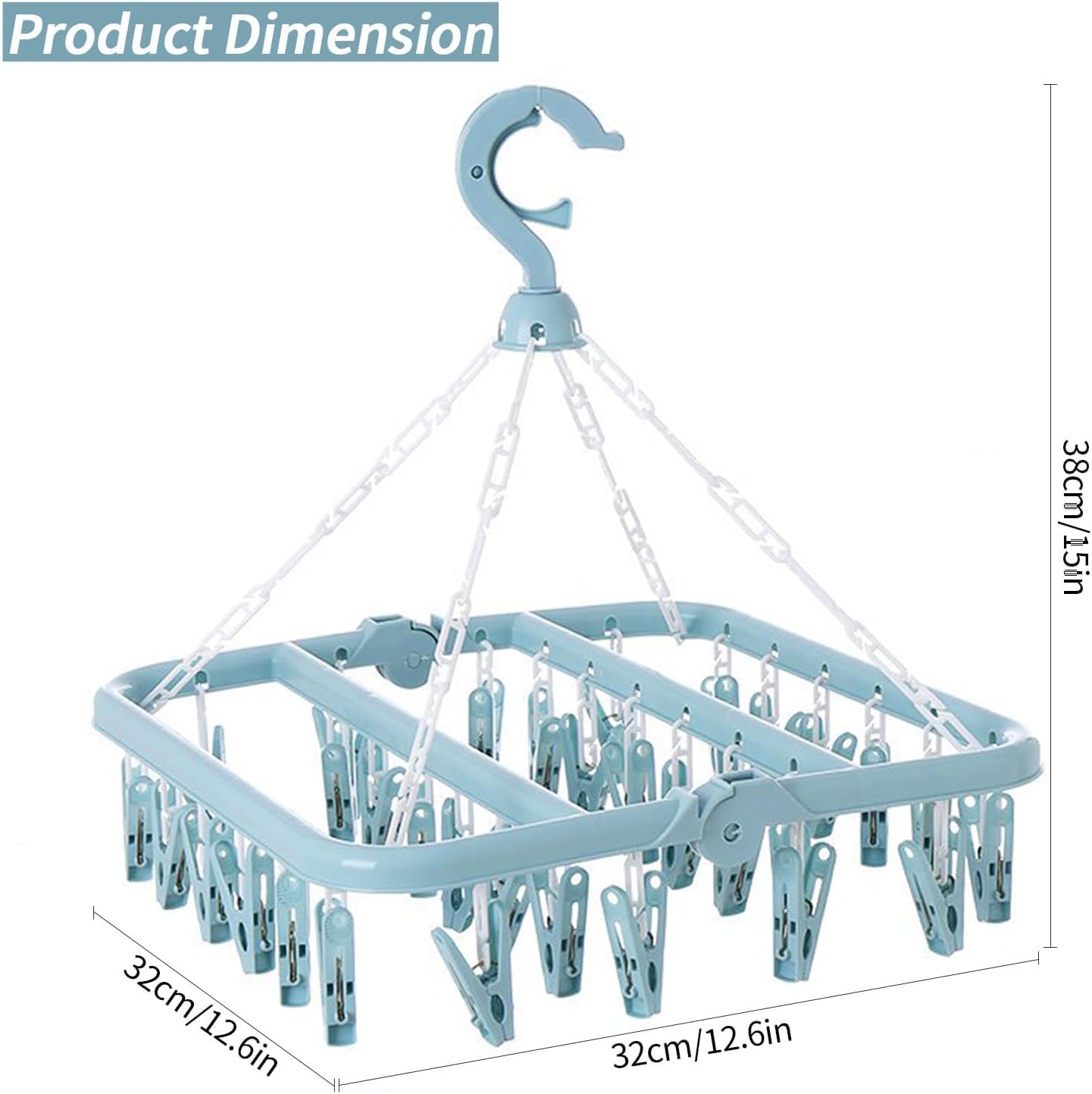 Laundry Drying Rack with 32 Hanger Clips, Foldable Clip Hangers for Drying Socks, Underwear & Towels, Portable Clothes Rack, 360° Rotatable Hook Plastic Baby Hangers (Light Blue)
