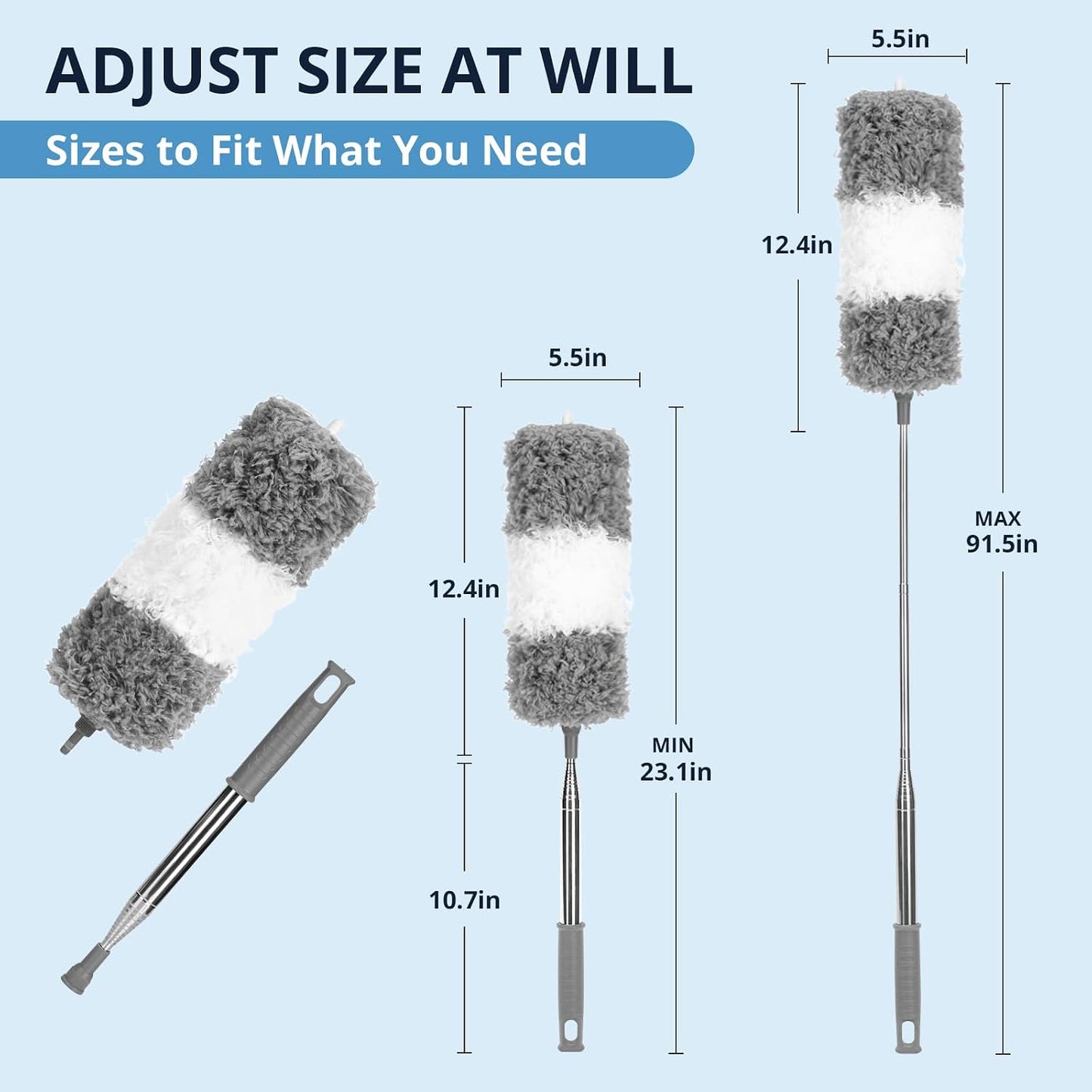 ZZ LAZYCOTTAGE Microfiber Feather Duster for High Reach, Lightweight Ceiling Fan Cleaner, 91.5" Telescopic Pole, Cobweb Duster with Extension Pole for Home & Car