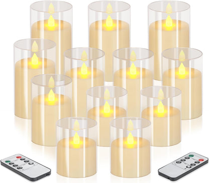 wemarry Flameless Candles 4" 5" 6" Acrylic Glass Pillars 3" Diameter Battery Operated Flickering Candles Include 8-Key Remote with Timer Function 400+ Hours (Amber, Warm Light 3 Pack)