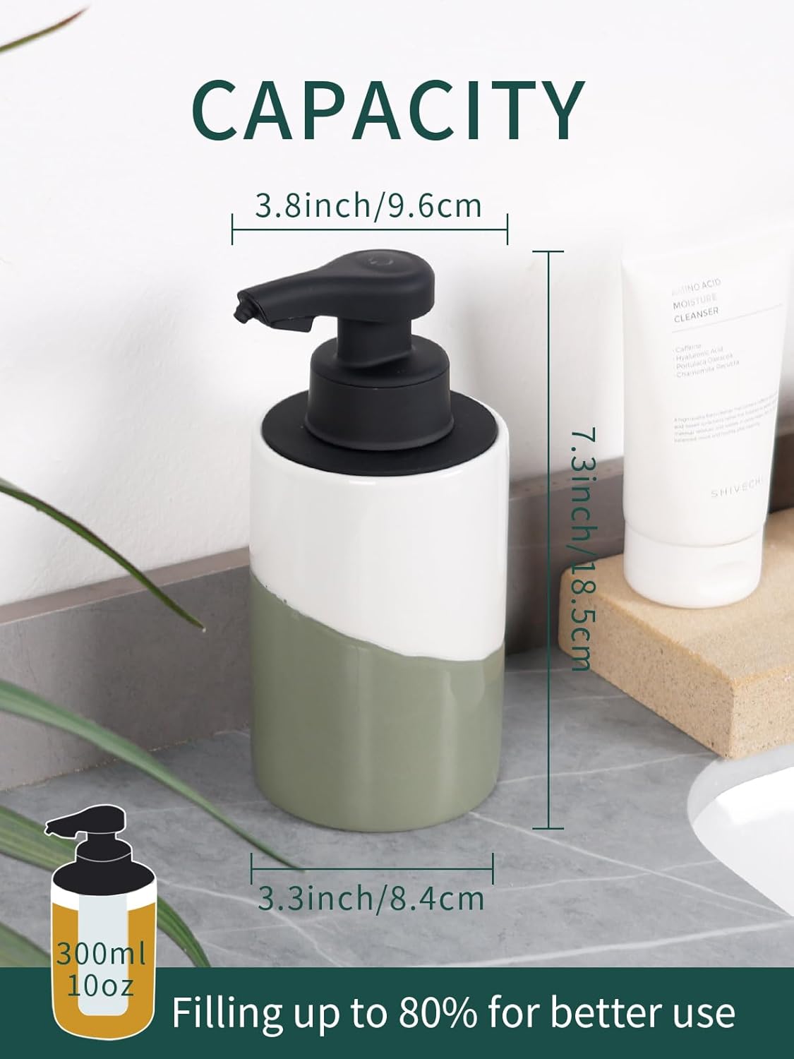 BosilunLife Automatic Soap Dispenser Ceramic Hand Free Soap Dispenser with Waterproof Pump Rechargeable Smart Electric Lotion Soap Dispenser Touchless (White-Green, Foam Pump)