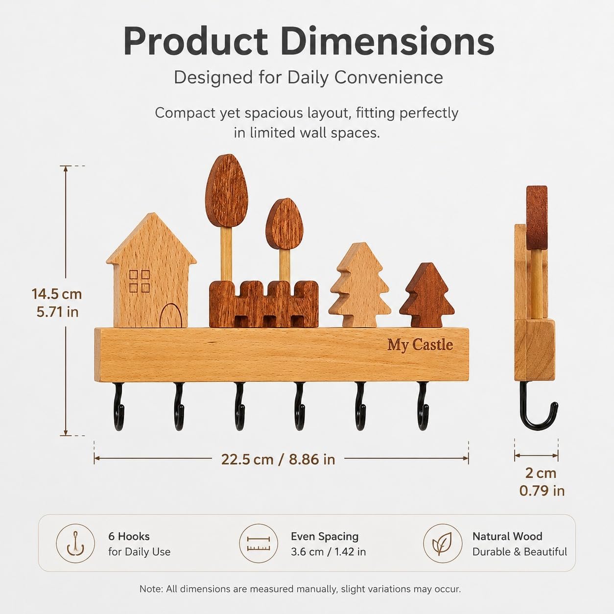 My Castle Wooden Key Holder Wall Mounted with 6 Hooks, Rustic Solid Wood Entryway Organizer, Cute House & Tree Design, Heavy Duty Wall Hooks for Keys, Bags, Hats