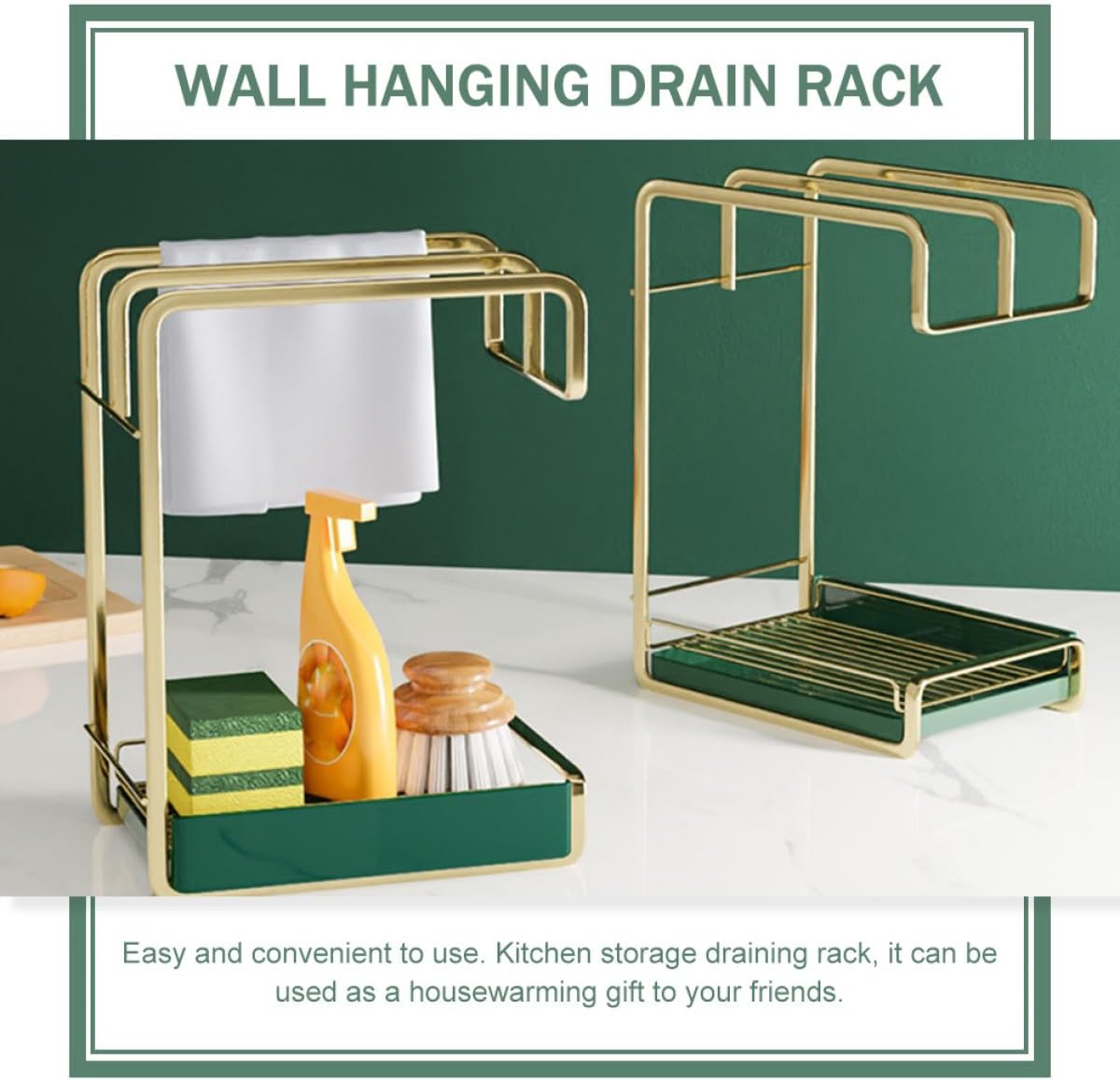 OSALADI Kitchen Wall Hanging Drying Storage Rack with Water Tray Lightweight Drain Stand for Duster Cloths Space-saving Elegant Kitchen Utensil Holder Gold Finish