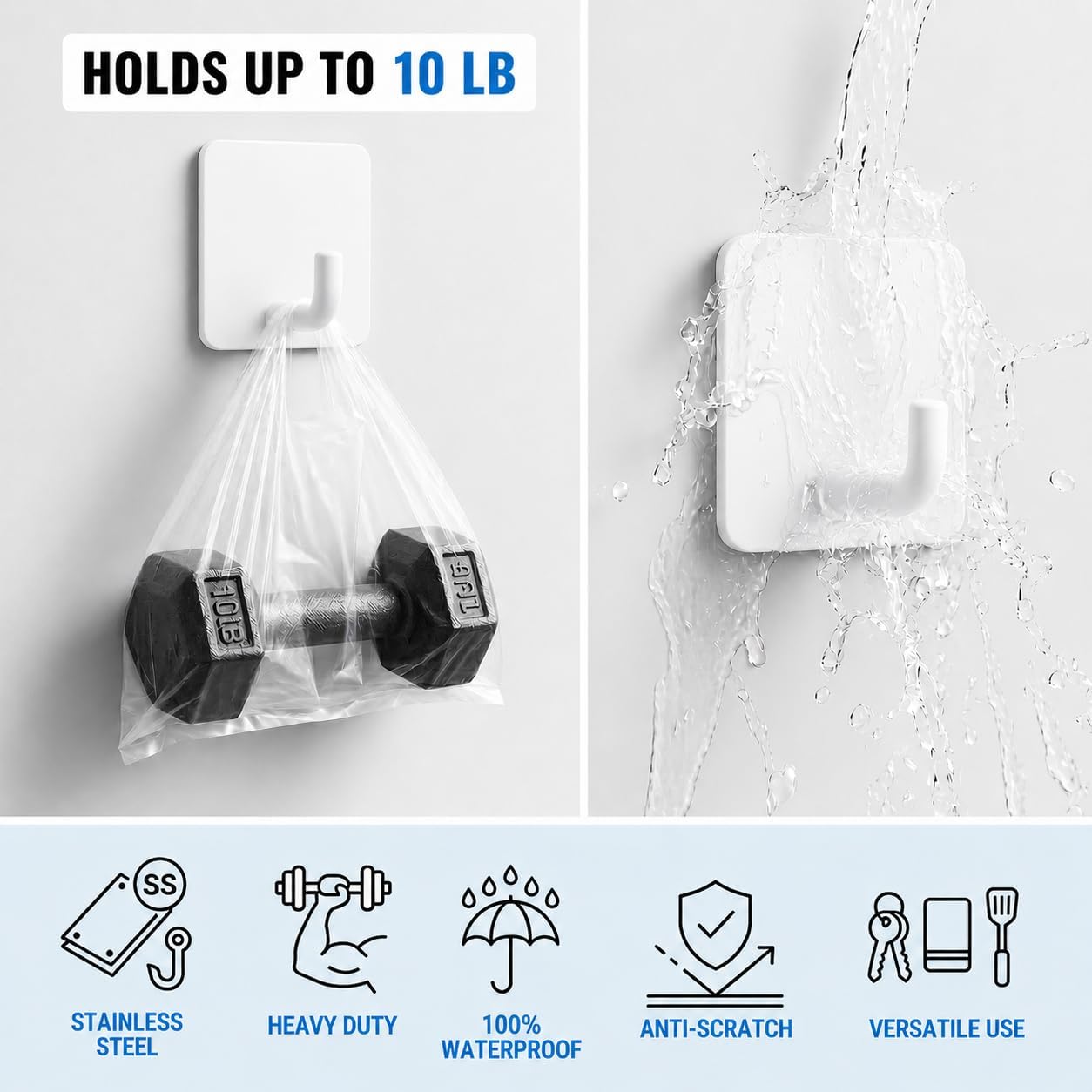 Stainless Steel Adhesive Wall Hooks for Hanging, Heavy Duty Waterproof Stick On for Bathroom Kitchen Shower, Self Adhesive for Towels, Keys, Hats, Robes - 8 Pack (White and Black)