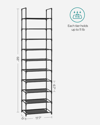 SONGMICS Shoe Rack, 10-Tier Shoe Shelf, Shoe Storage Organizer, 11 x 17.7 x 68 Inches, Metal Frame, Non-Woven Fabric Shelves, for Entryway, Bedroom, Black ULSH010B02