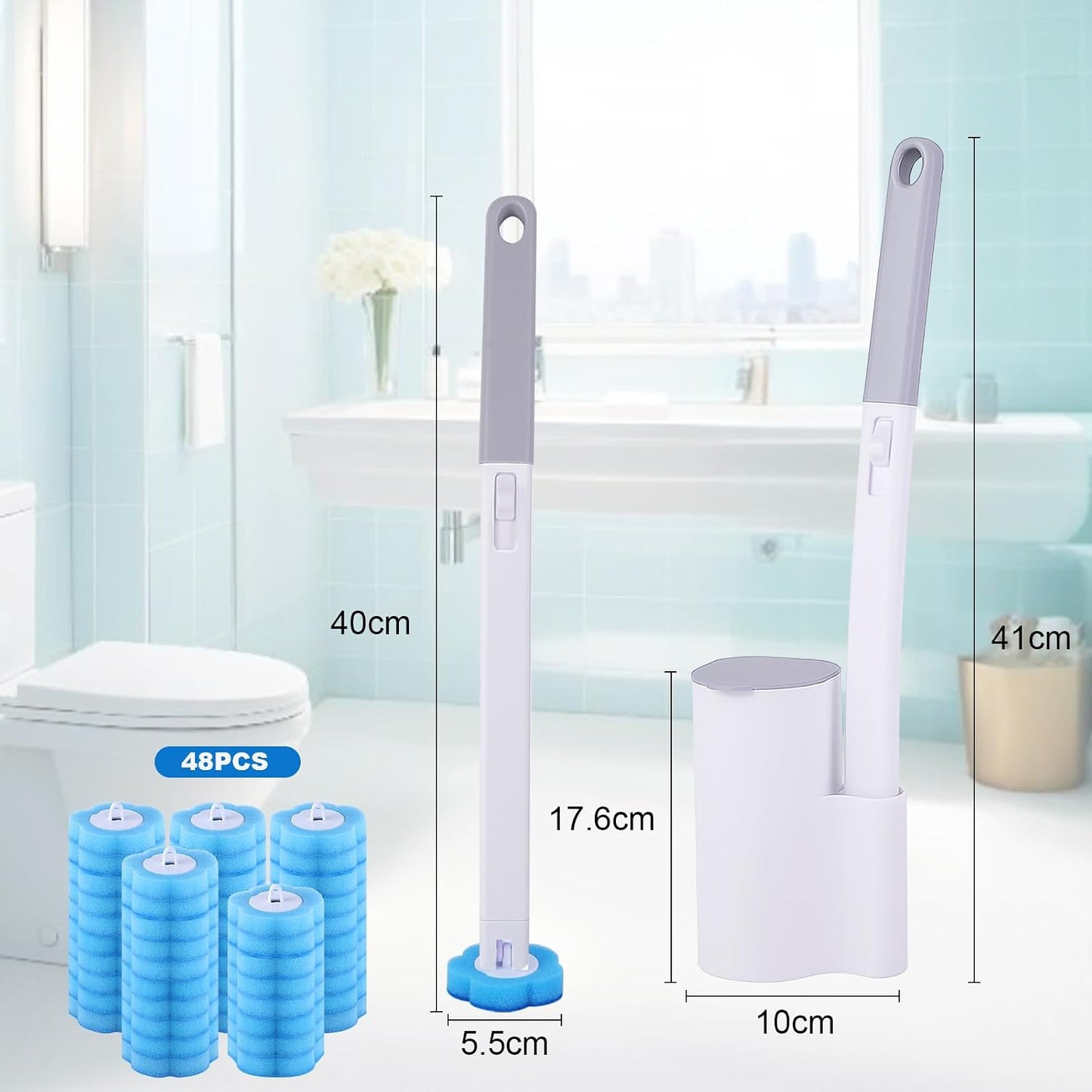 wlich Disposable Toilet Brush with 48 Refills, Bowl Toilet Brush with Wall Mounted Holder, Toilet Bowl Brush Set with Wand and Storage Box for Bathroom Cleaning