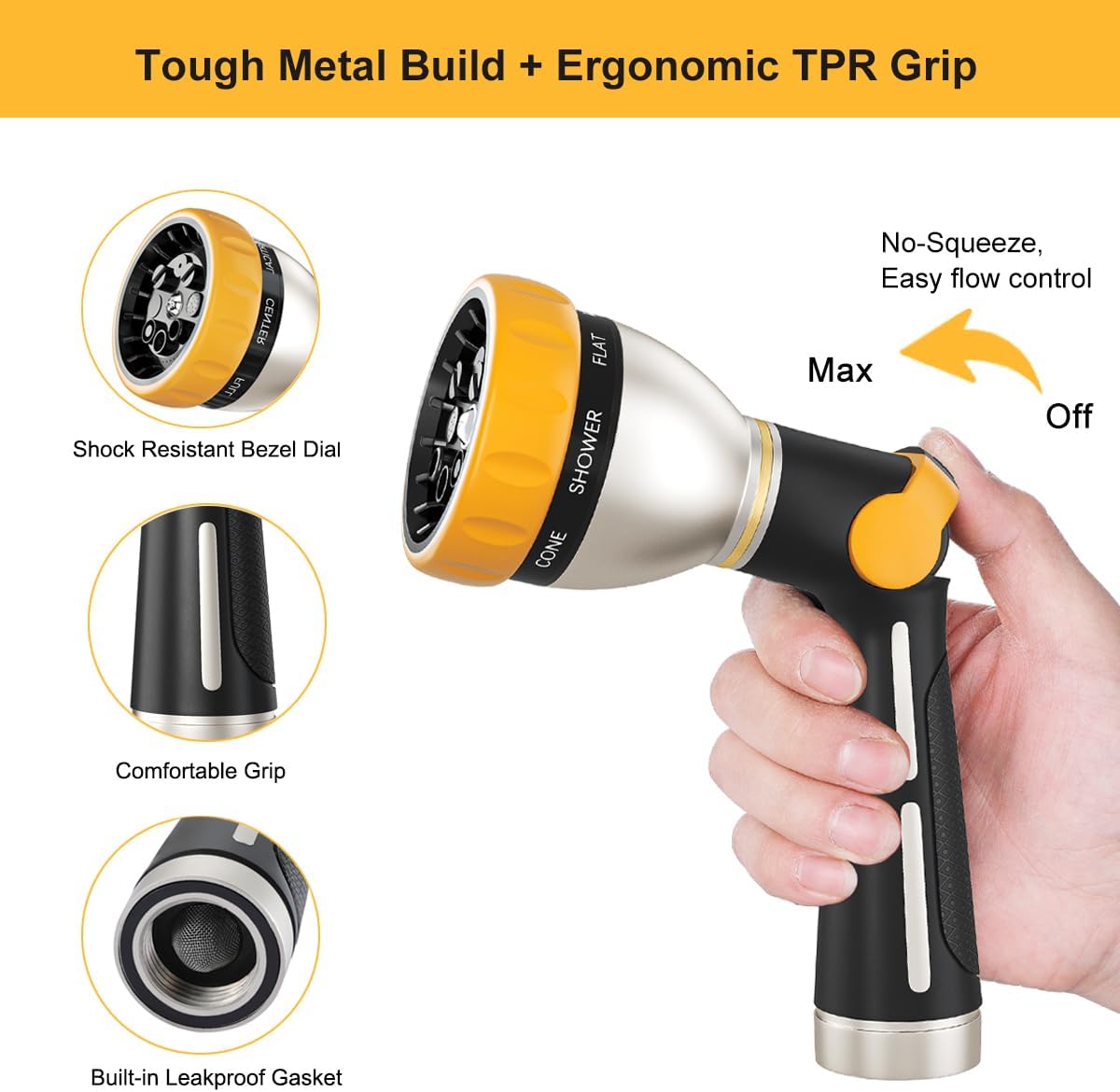 FANHAO Garden Hose Nozzle Heavy Duty Metal Spray Nozzle with Thumb Control, High Pressure Water Nozzle with 8 Adjustable Spray Patterns for Watering Plants, Washing Cars and Showering Pets