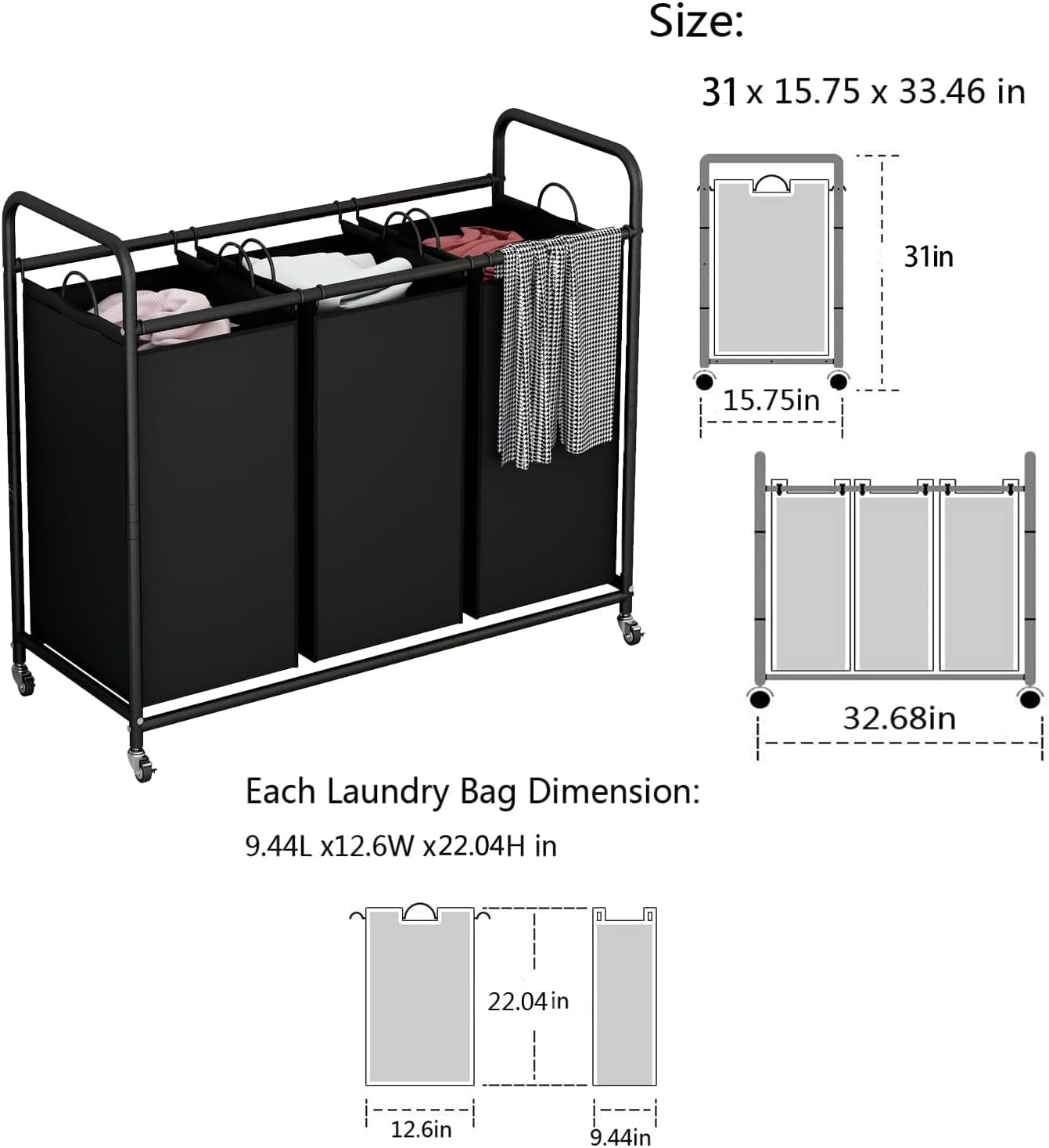 LINZINAR 3-Bag Laundry Hamper, Black Laundry Basket, 35.6 Gal(135 L) Laundry Sorter Cart Laundry Room Organization with Heavy Duty Rolling Lockable Wheels and Removable Bags