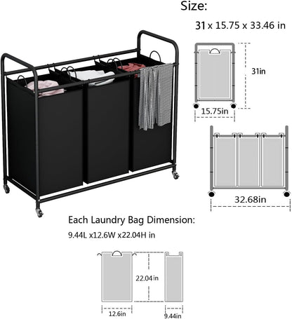 LINZINAR 3-Bag Laundry Hamper, Black Laundry Basket, 35.6 Gal(135 L) Laundry Sorter Cart Laundry Room Organization with Heavy Duty Rolling Lockable Wheels and Removable Bags