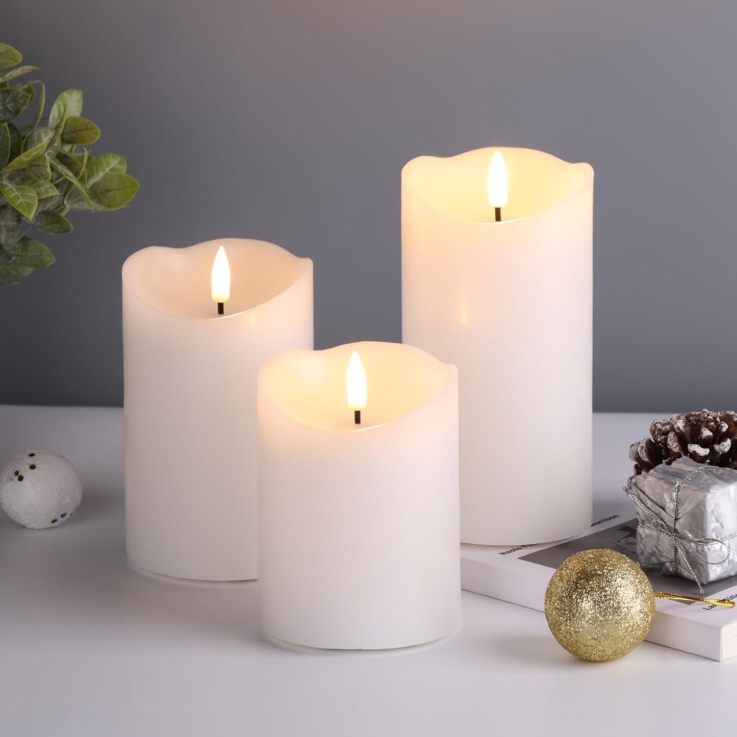Eywamage Ivory Flameless Pillar Candles with Remote, Flickering Realistic LED Battery Wax Candles Set of 3, Φ 3" H 4" 5" 6"