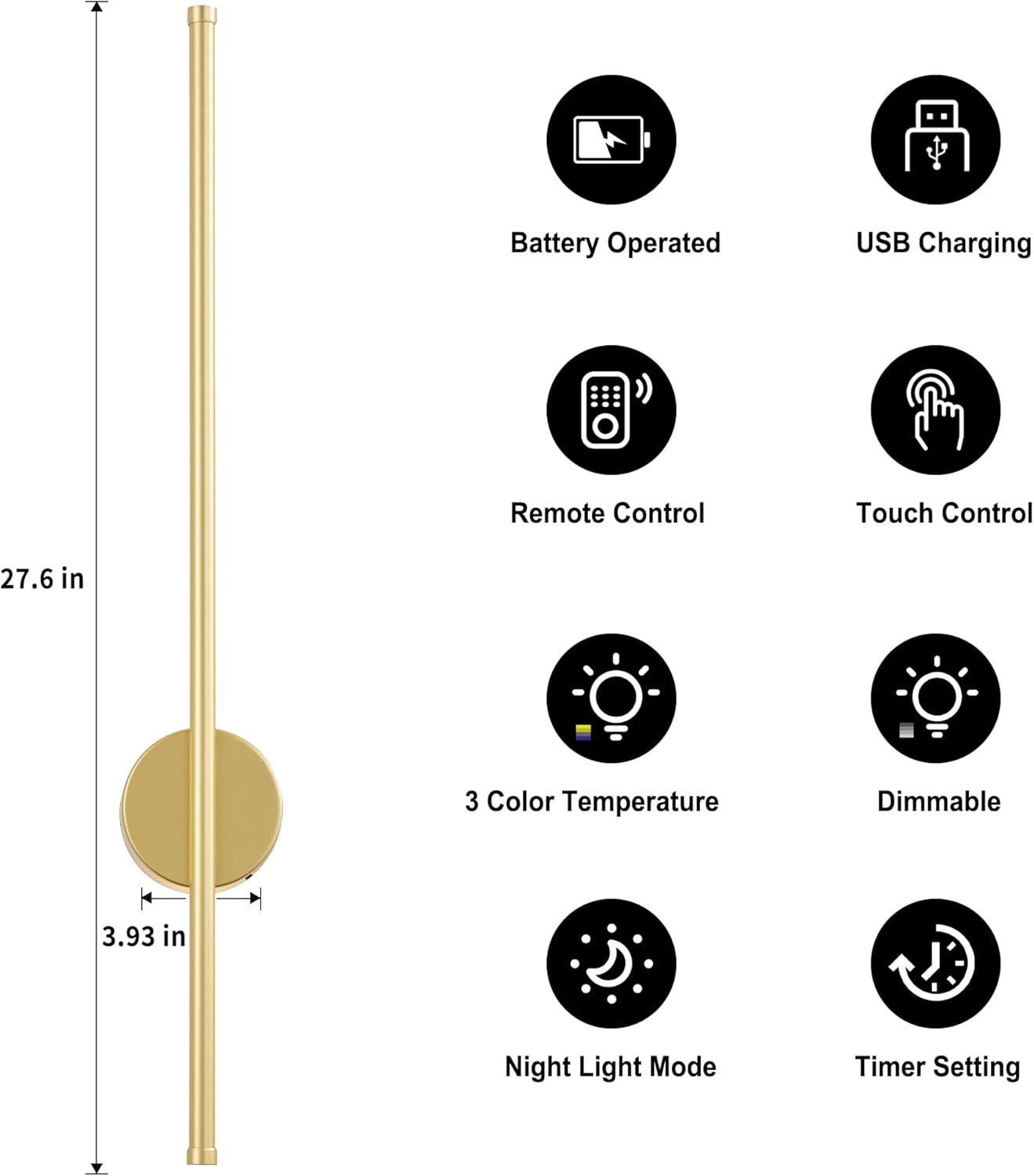 Battery Operated Modern Wall Sconces, Dimmable Wireless Wall Light Set of Two with Remote Control, 3 Color Temperatures, Rechargeable LED Wall Sconce for Bedroom, Living Room, Hallway, 23.6 Inch Brass