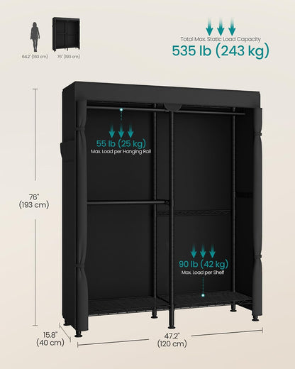 SONGMICS Heavy-Duty Clothes Rack, Garment Rack, Portable Closet, 68.7-Inch Wide Clothing Rack with Adjustable Mesh Shelves and Hanging Rails, Ink Black ULGR433B01