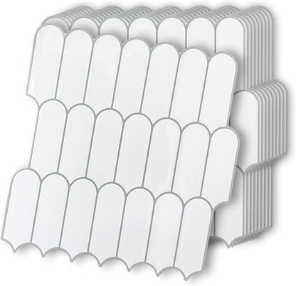 10 Sheet Peel and Stick Backsplash Tile for Kitchen, 12” x 12” Self Adhesive Glossy Vinyl Wall Subway Tiles Waterproof No Residual for Bathroom Fireplace, White with Gray Grout
