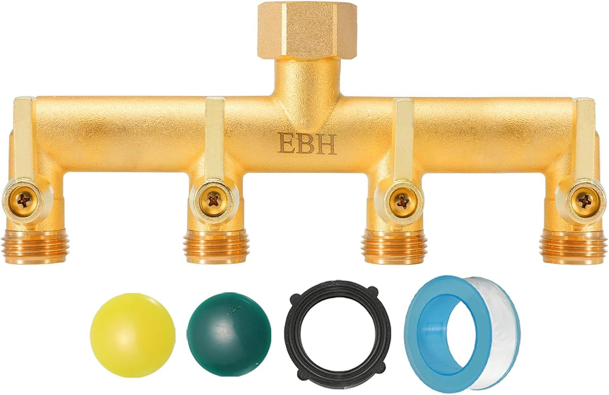 EBH Brass Garden Hose Splitter, 3 Way High Flow Outdoor Faucet Splitter,Full Flow 3-Way Brass Heavy Duty Hose Splitter With 3 Long Metal Handle and Individual On/Off Valve。