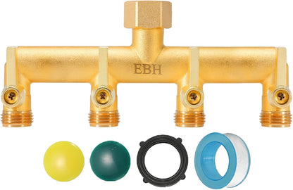 EBH Brass Garden Hose Splitter, 3 Way High Flow Outdoor Faucet Splitter,Full Flow 3-Way Brass Heavy Duty Hose Splitter With 3 Long Metal Handle and Individual On/Off Valve。