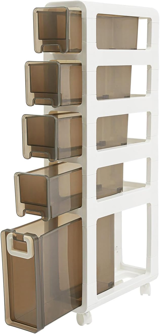5-Tier Slim Bathroom Storage Cabinet,Narrow Floor Cabinets with Drawers and Wheels,Rolling Narrow Organizer for Small Spaces,Kitchen,Laundry,7.9”W
