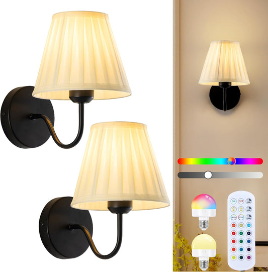 Vintage Battery Operated Wall Sconces Set of 2, Pleated Fabric Shade Gold Wall Lamp with Remote Control, Cordless Rechargeable Wall Sconces Fixtures for Bedroom, Living Room, Beside (2 Bulbs Included)