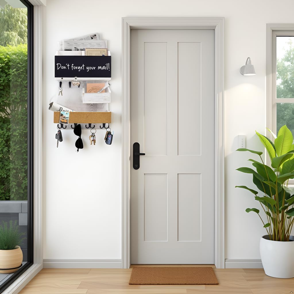 Key Holder for Wall Mount with Shelf and Mail Organizer, Key and Mail Holder with 16 Hooks, Farmhouse Entryway Organizer, Home Decor Rack (Pine Wood, Black)