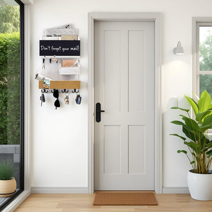 Key Holder for Wall Mount with Shelf and Mail Organizer, Key and Mail Holder with 16 Hooks, Farmhouse Entryway Organizer, Home Decor Rack (Pine Wood, Black)