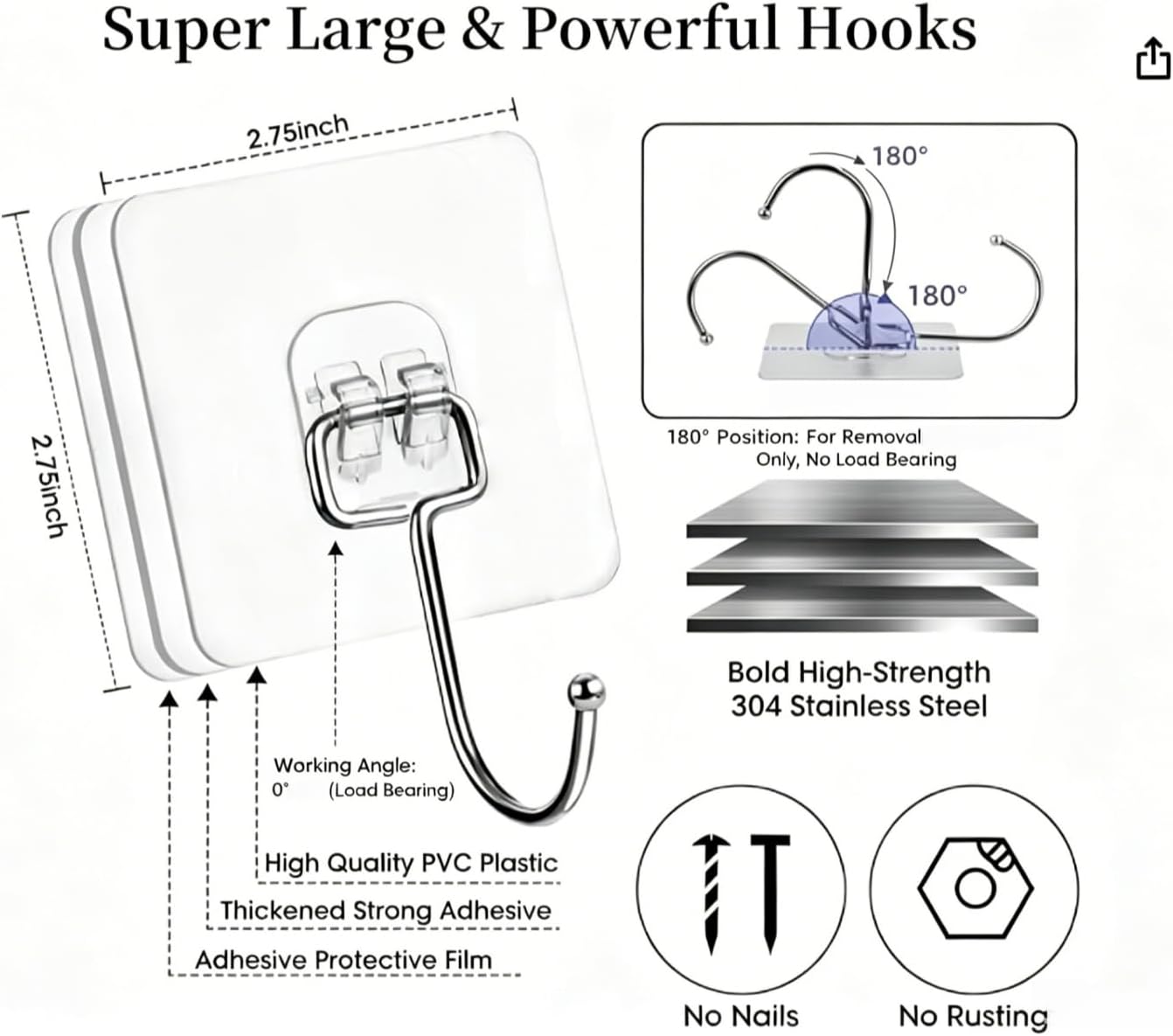 Adhesive Hooks, Hold 33lb(Max) Heavy Duty Sticky Hooks,Waterproof and Rustproof Wall Hooks for Hanging Can be Use Kitchen Bathroom Ceiling Office Window Home Improvement (Transparent 10PCS)