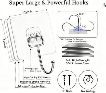 Adhesive Hooks, Hold 33lb(Max) Heavy Duty Sticky Hooks,Waterproof and Rustproof Wall Hooks for Hanging Can be Use Kitchen Bathroom Ceiling Office Window Home Improvement (Transparent 10PCS)