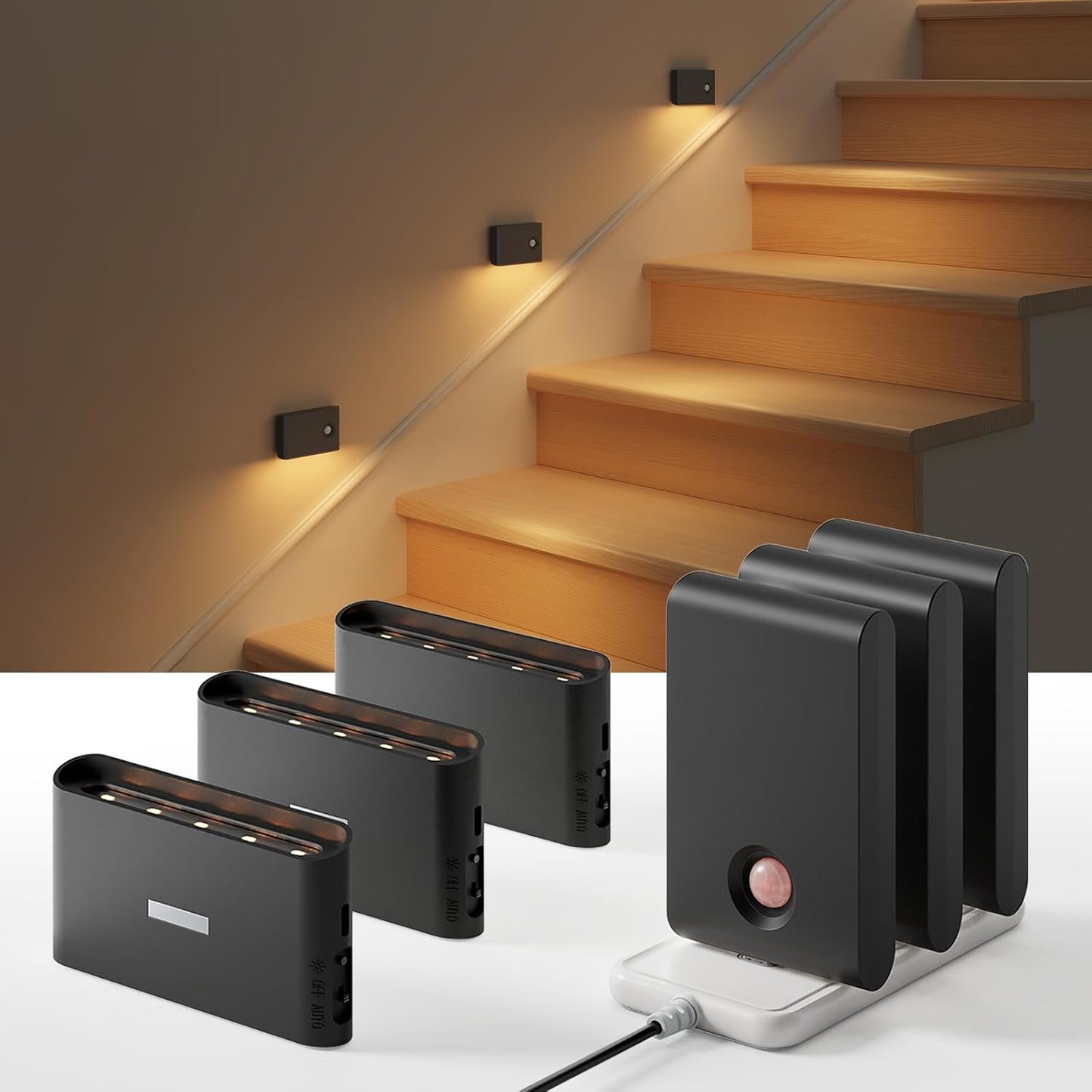 EZVALO 6 Pack Motion Sensor Night Lights, Sync LED Stair Lights Indoor, 1500mAh Rechargeable, Magnetic & Dimmable, 3000K Soft White, Portable Nightlight for Hallway, Stairs, Bathroom, Bedroom