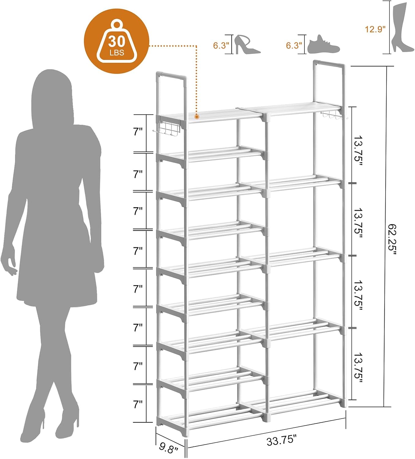 WOWLIVE 9 Tiers Large Shoe Rack Storage Organizer for Closet 50-55 Pairs Shoe Tower Unit Shelf Stackable Shoe Rack with Metal Pipes Plastic Connectors Black(SSS3B9)