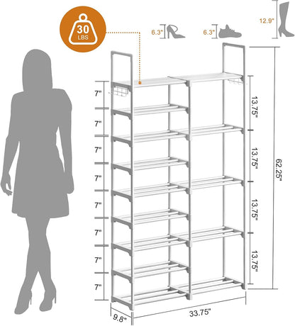 WOWLIVE 9 Tiers Large Shoe Rack Storage Organizer for Closet 50-55 Pairs Shoe Tower Unit Shelf Stackable Shoe Rack with Metal Pipes Plastic Connectors Black(SSS3B9)