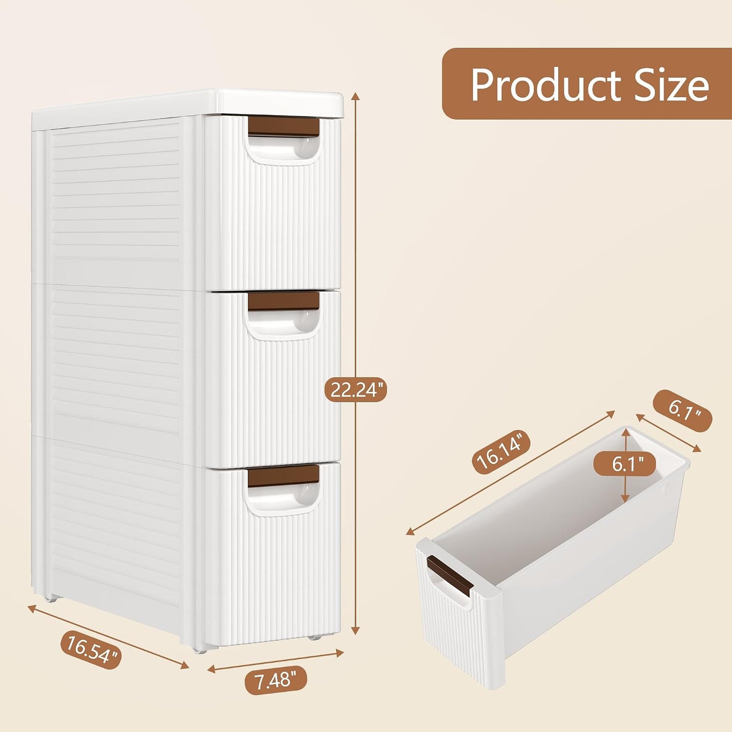 VECELO 3-Drawer Narrow Bathroom Storage Cabinet, Mobile Plastic Slim Rolling Organizer Cart with Built-in 4 Wheels for Living Room, Kitchen, Bathroom, Bedroom, Office, White(16.5" x 7.5" x 22.2")