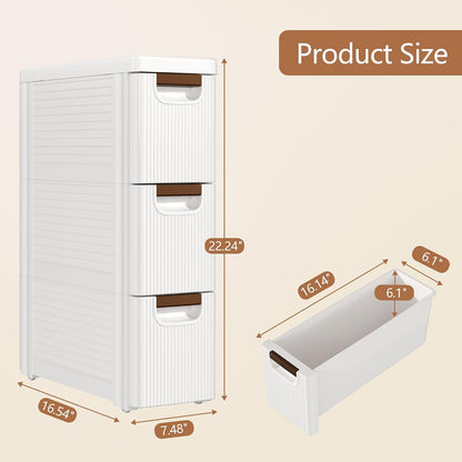 VECELO 3-Drawer Narrow Bathroom Storage Cabinet, Mobile Plastic Slim Rolling Organizer Cart with Built-in 4 Wheels for Living Room, Kitchen, Bathroom, Bedroom, Office, White(16.5" x 7.5" x 22.2")