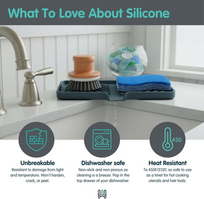 Silicone Soap Dish Tray and Sponge Holder with Drain Chute and Feet | 3-Way Sloped Design | Bathroom and Kitchen Sink Organizer Caddy (Black, 10"x4", 7.8 Ounces)