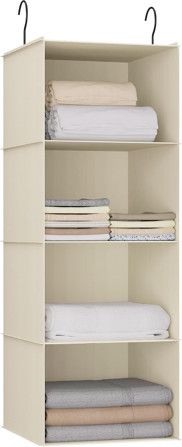 Hanging Closet Organizer 3-Shelf, Oxford Fabric Wardrobe Storage, Gray | Easy-mount foldable design holds clothes, handbags, shoes & accessories; washable Oxford fabric, sturdy and space-saving.
