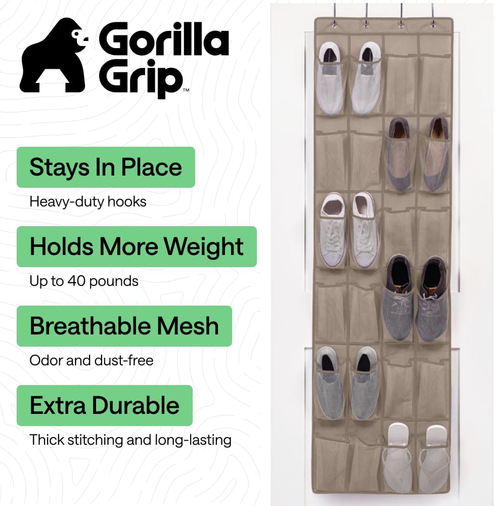 GORILLA GRIP Over the Door Shoe Organizer, 24 Large Breathable Mesh Pockets, Space Saving Hanging Storage Holder, Closet Rack Hanger Holds Up to 40 lbs, Hangs on Closets for Shoes, Accessories, Grey