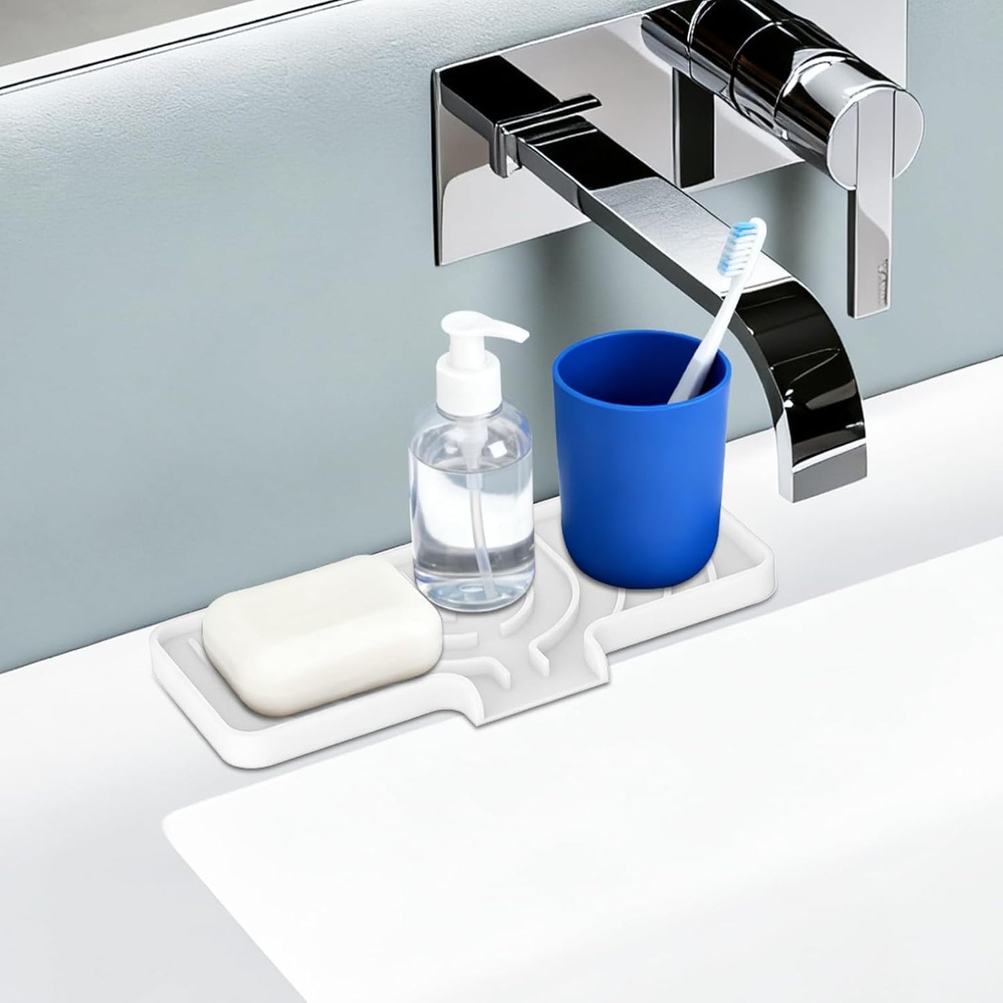 JACZZO Silicone Sponge Holder for Kitchen Sink, (10x4 In) Sink Caddy with Drain Spout, Self Draining Soap Tray & Organizer, Kitchen Accessories,Bathroom Organizer, Easy to Clean (Grey)
