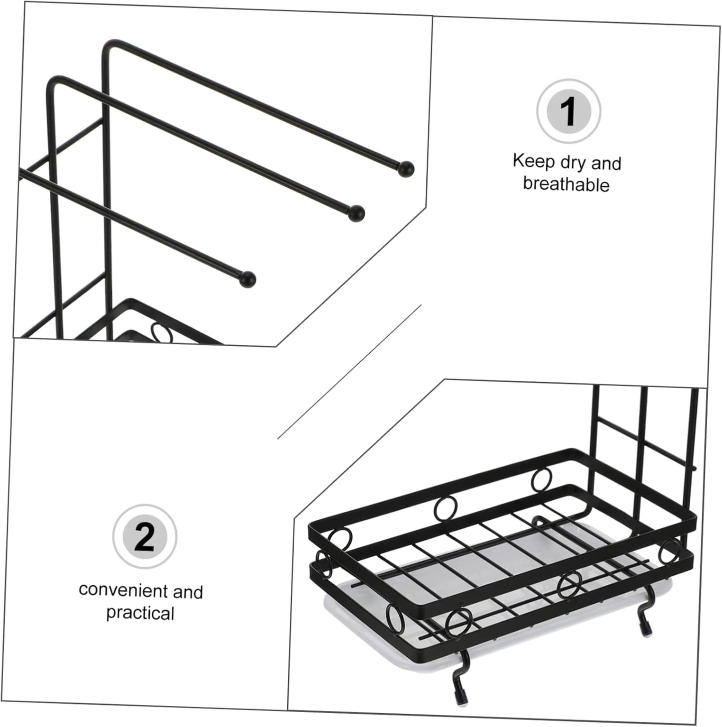 Amosfun Kitchen Storage Rack Drainage Holder Black 3-Rod Wall-Mounted and Desktop Sponge Rag Shelf for Dishcloths and Cleaning Supplies