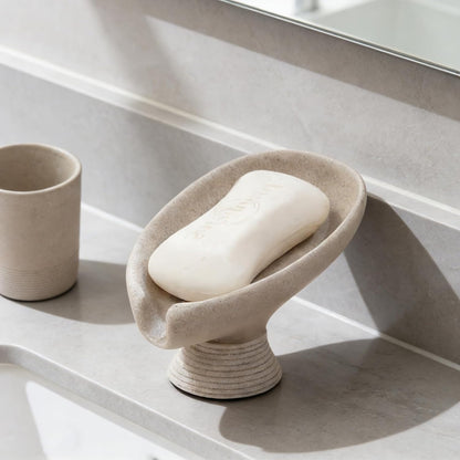 Self Draining Soap Dish with Suction Cup, Leaf Shaped Resin Soap Holder for Bathroom, Shower, Sink & Kitchen (Beige)