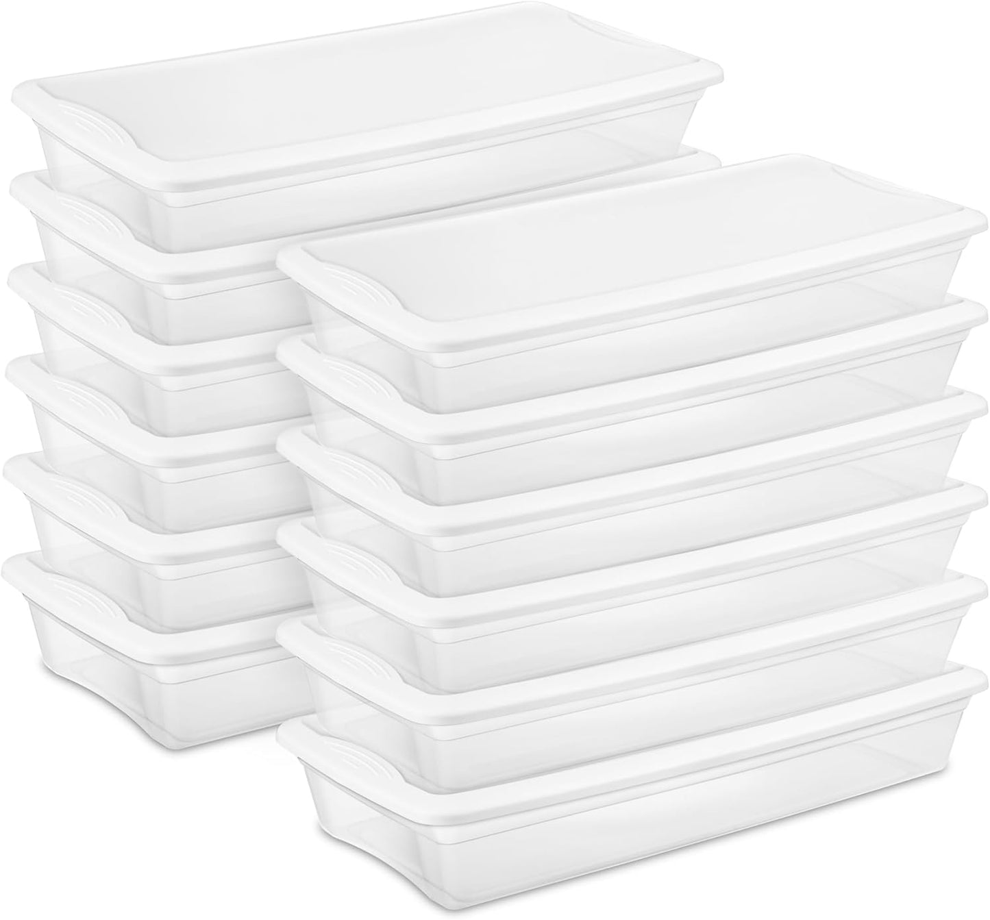 Sterilite 6 Pack Storage Box, 41 Quart Stackable Tote, Clear Plastic Container with Secure Snapping White Lids for Home and Office Organization