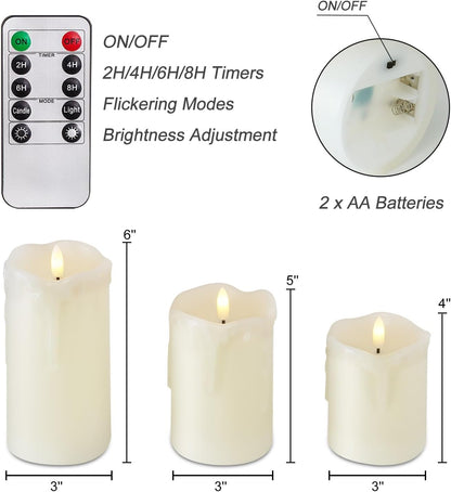 Homemory Dripping Wax Flameless Candles, Battery Operated Candles with Remote Control and Timers, LED Pillar Candles, Electric Fake Candles, 3" x 6", Set of 2