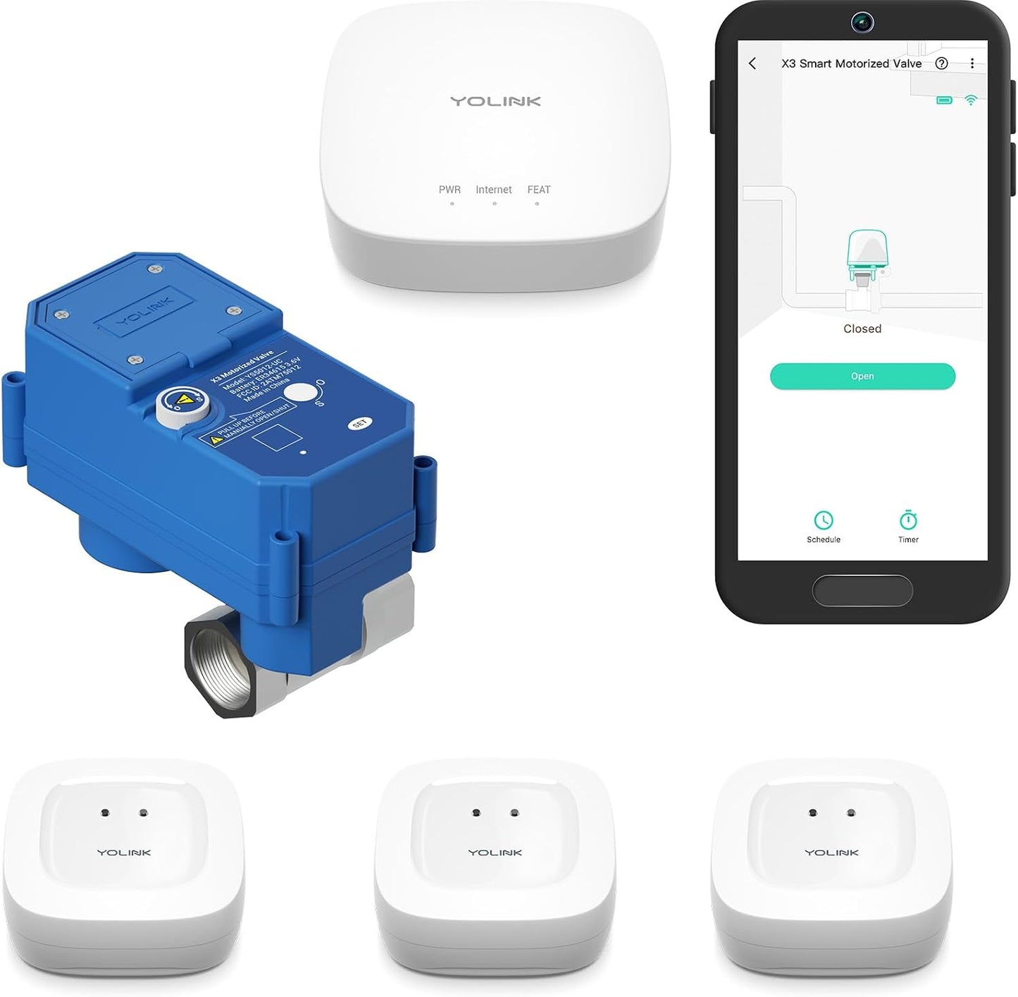 YoLink LoRa Smart Water Leak Protection System, Including 1/2" Commercial Grade Smart Motorized Stainless Steel Valve, (3) Water Leak Sensors, Hub: Up to 1/4-Mile Range, IFTTT, Alexa, Home Assistant