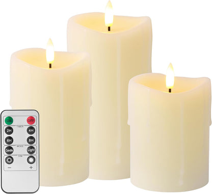 White Flameless Candles with Remote and Timer, Real Wax Made Wax Drip LED Pillar Candles Battery Operated with 3D Flickering Flame Melted Top - 3" x 4",5",6" - Set of 3