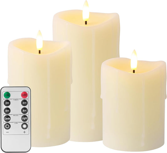 White Flameless Candles with Remote and Timer, Real Wax Made Wax Drip LED Pillar Candles Battery Operated with 3D Flickering Flame Melted Top - 3" x 4",5",6" - Set of 3