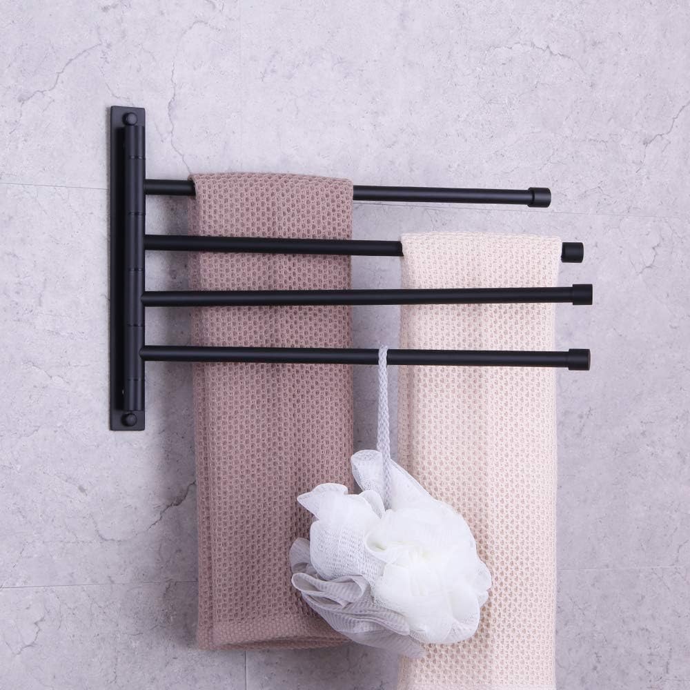 GERZWY Wall Mount Bath Towel Rack with 4 Arms Stainless Steel Bathroom Swing Arm Towel Bars Organizer, White