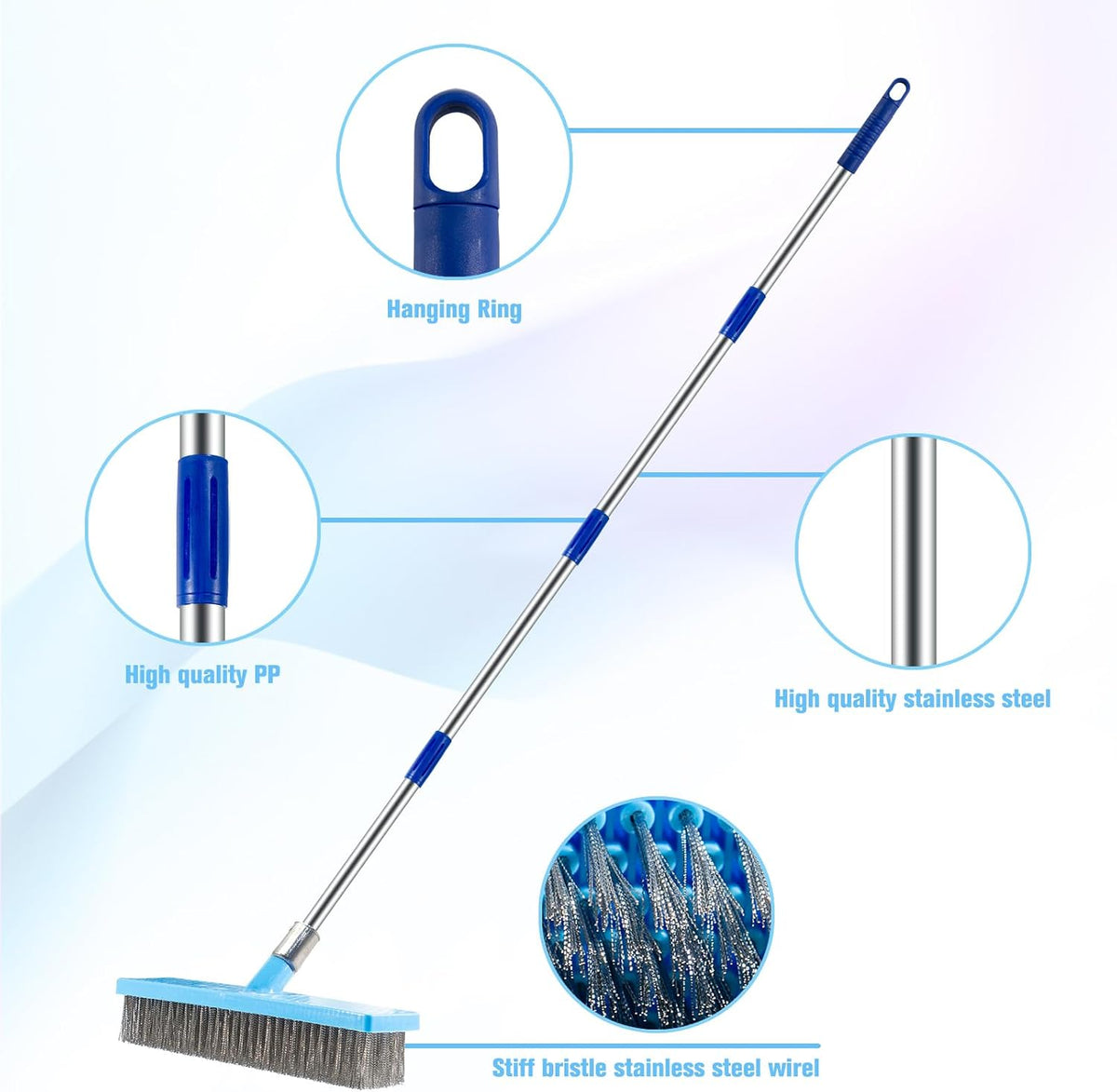 60'' Stainless Steel Deck Scrub Brush with Long Handle - Heavy Duty Floor Scrubber for Concrete, Grout, Garage, Patio, Boat & Garden - Stiff Bristle Broom for Moss, Tough Stains & Dirt Removal
