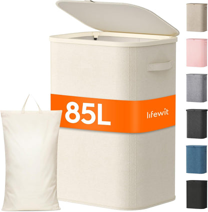 Lifewit 165L Large Laundry Basket with Lid, Laundry Hamper with Plastic Handles and Removable Bag, Foldable Tall Dirty Clothes Hampers for Laundry for Laundry Room, Bedroom, Bathroom, Dorm, Beige