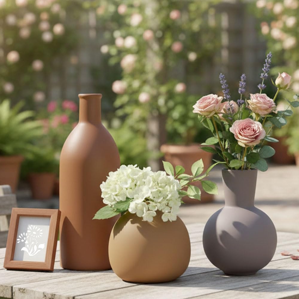 Ceramic Vase Set of 3 - Small Modern Minimalist Ceramic Bud Vases for Home Decor - Boho Aesthetic Flower Vases for Desk, Shelf & Table, Mantle, Bookshelf (Cute & Versatile) (Neutral Mix)