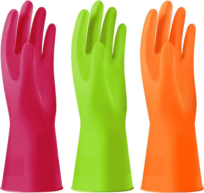 Alimat PluS 3 Pack Reusable Cleaning Gloves Latex Free, Dishwashing Gloves with Cotton Flock Liner and Embossed Palm, Waterproof Household Gloves for Laundry, Gardening (Medium)