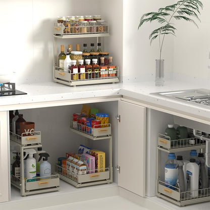 Under Sink Organizer Kitchen - Upgraded Professional Rails, 2 Tier Dual Pull Out Cabinet Storage, Height Adjustable Under Sink Storage, Metal Sliding Drawer for Kitchen & Bathroom, White, 2 Pack